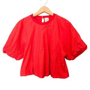 Women's Maeve Anthropologie Crew Neck Top Bubble Hem Short Puff Sleeves Red S